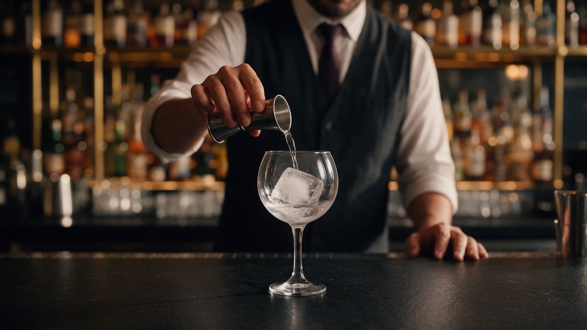Bartender detrás de la barra sirviendo en copa globo con hielo