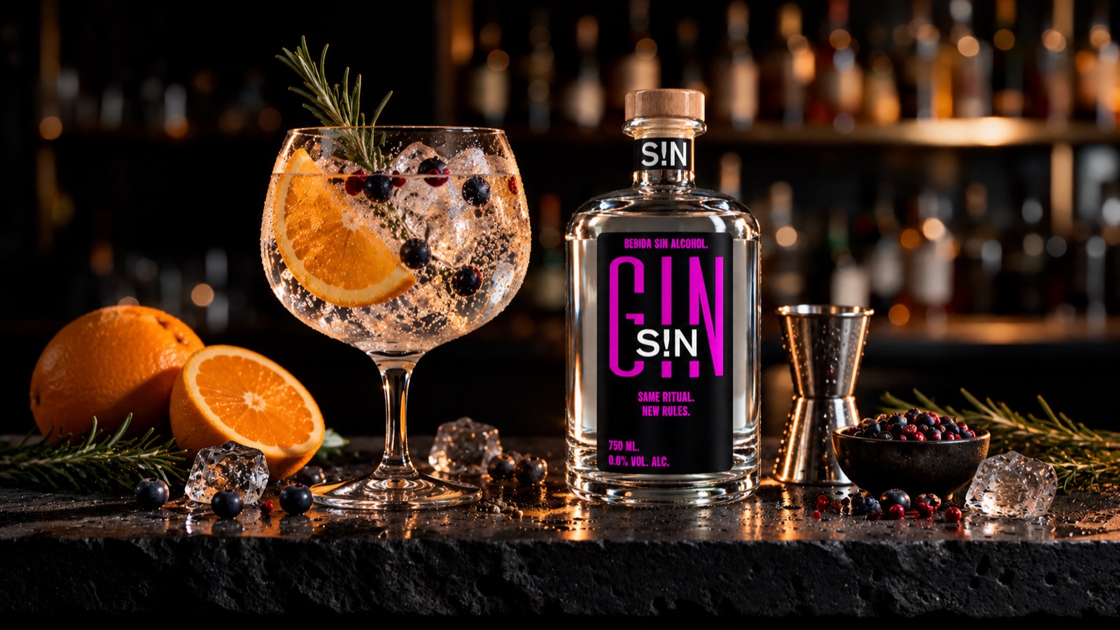 Botella de GIN S!N junto a un gin tonic en copa globo con naranja, romero y berries sobre una barra de piedra
