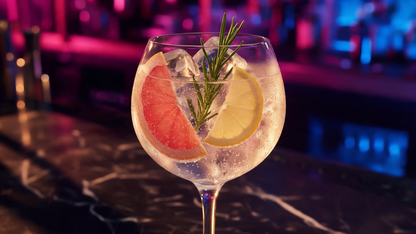 Gin tonic en copa globo con media luna de toronja, limón amarillo y una rama de romero
