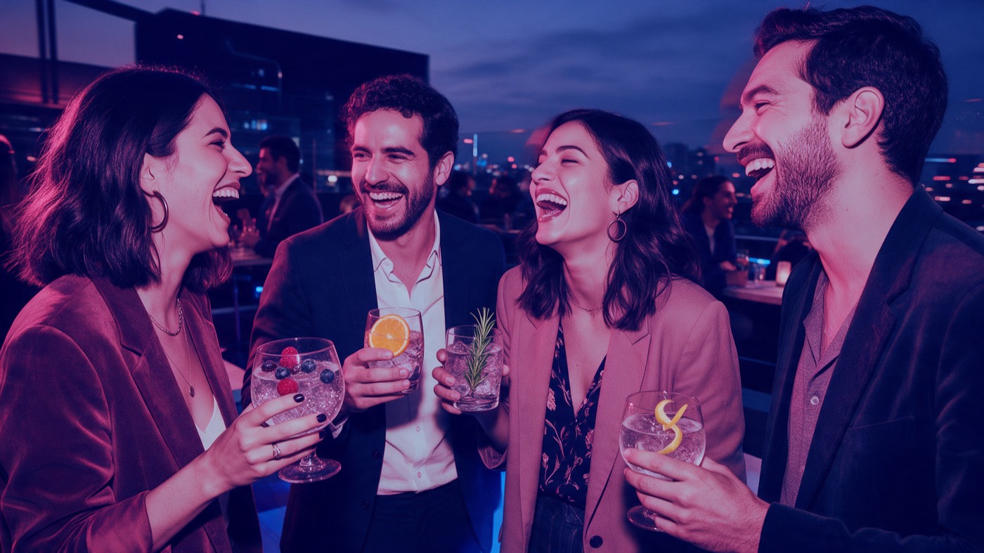 Amigos riendo en un rooftop de noche con gin tonics adornados con berries, naranja, romero y limón